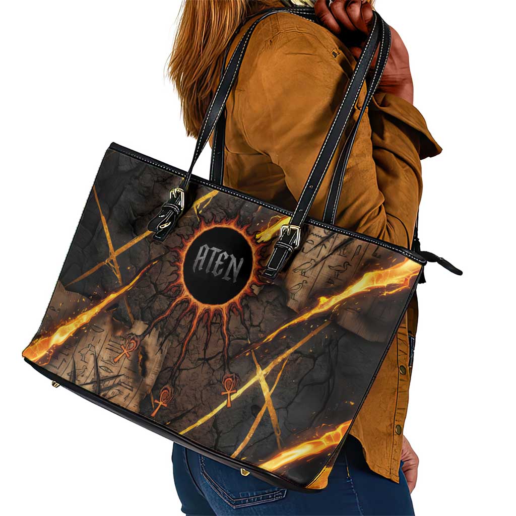 Aten Leather Tote Bag Ancient Egyptian Cracked Stone Hieroglyph, Solar Eclipse Emblem, and Radiant Sunburst - Wonder Print Shop