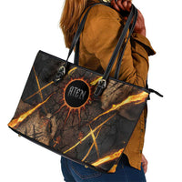Aten Leather Tote Bag Ancient Egyptian Cracked Stone Hieroglyph, Solar Eclipse Emblem, and Radiant Sunburst - Wonder Print Shop