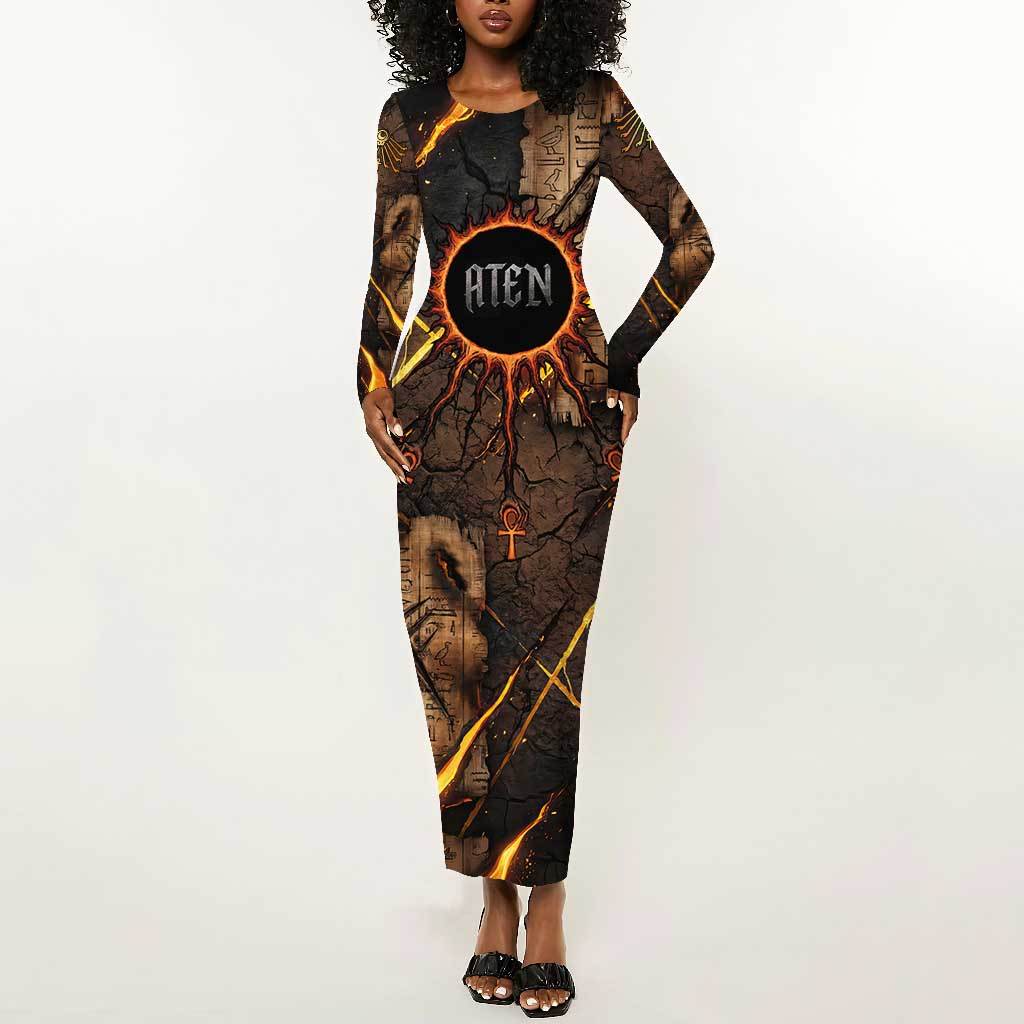 Aten Long Sleeve Bodycon Dress Ancient Egyptian Cracked Stone Hieroglyph, Solar Eclipse Emblem, and Radiant Sunburst - Wonder Print Shop