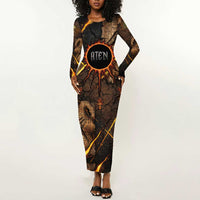 Aten Long Sleeve Bodycon Dress Ancient Egyptian Cracked Stone Hieroglyph, Solar Eclipse Emblem, and Radiant Sunburst - Wonder Print Shop
