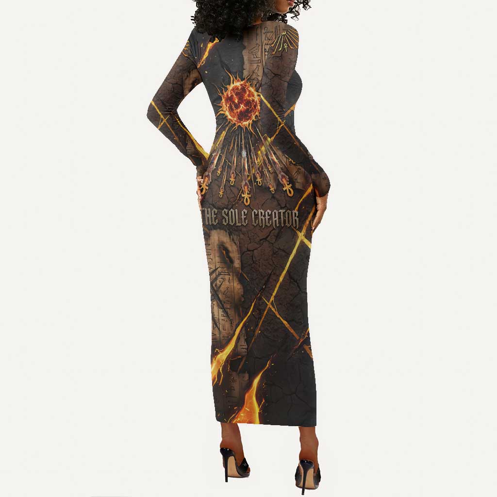 Aten Long Sleeve Bodycon Dress Ancient Egyptian Cracked Stone Hieroglyph, Solar Eclipse Emblem, and Radiant Sunburst - Wonder Print Shop