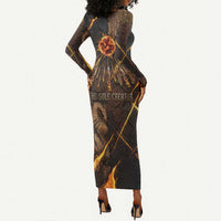 Aten Long Sleeve Bodycon Dress Ancient Egyptian Cracked Stone Hieroglyph, Solar Eclipse Emblem, and Radiant Sunburst - Wonder Print Shop