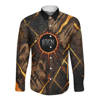 Aten Long Sleeve Button Shirt Ancient Egyptian Cracked Stone Hieroglyph, Solar Eclipse Emblem, and Radiant Sunburst - Wonder Print Shop