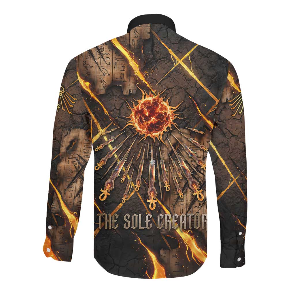 Aten Long Sleeve Button Shirt Ancient Egyptian Cracked Stone Hieroglyph, Solar Eclipse Emblem, and Radiant Sunburst - Wonder Print Shop