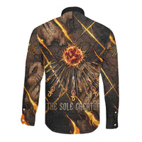 Aten Long Sleeve Button Shirt Ancient Egyptian Cracked Stone Hieroglyph, Solar Eclipse Emblem, and Radiant Sunburst - Wonder Print Shop
