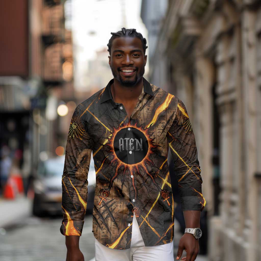 Aten Long Sleeve Button Shirt Ancient Egyptian Cracked Stone Hieroglyph, Solar Eclipse Emblem, and Radiant Sunburst - Wonder Print Shop