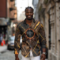 Aten Long Sleeve Button Shirt Ancient Egyptian Cracked Stone Hieroglyph, Solar Eclipse Emblem, and Radiant Sunburst - Wonder Print Shop