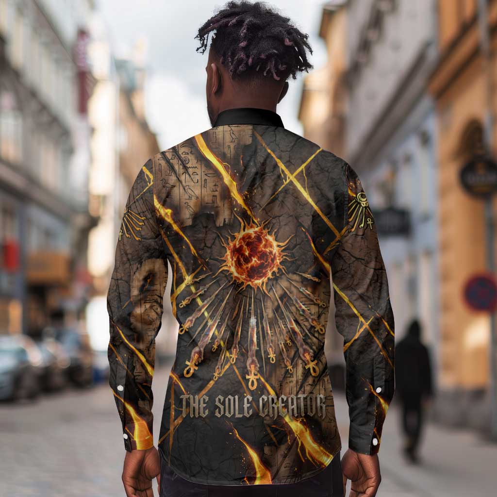 Aten Long Sleeve Button Shirt Ancient Egyptian Cracked Stone Hieroglyph, Solar Eclipse Emblem, and Radiant Sunburst - Wonder Print Shop