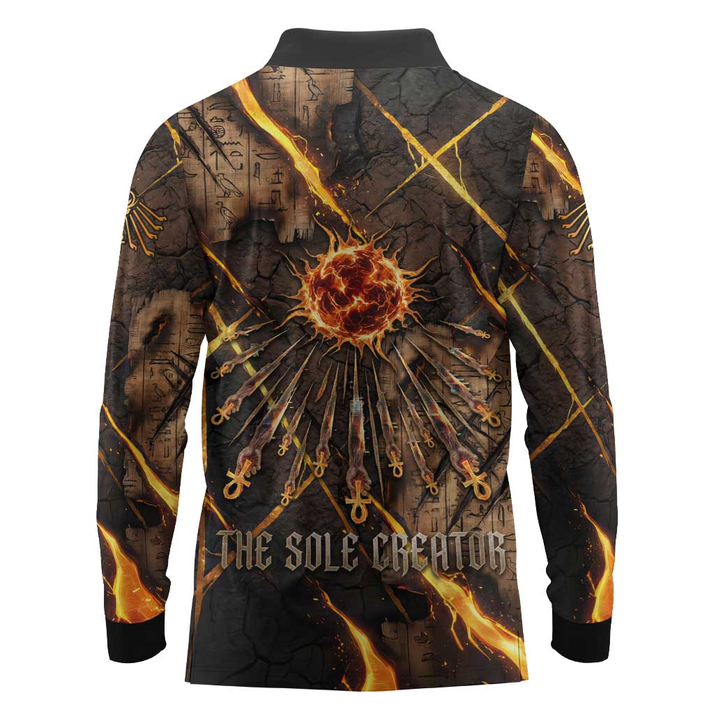 Aten Long Sleeve Polo Shirt Ancient Egyptian Cracked Stone Hieroglyph, Solar Eclipse Emblem, and Radiant Sunburst - Wonder Print Shop