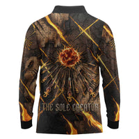 Aten Long Sleeve Polo Shirt Ancient Egyptian Cracked Stone Hieroglyph, Solar Eclipse Emblem, and Radiant Sunburst - Wonder Print Shop