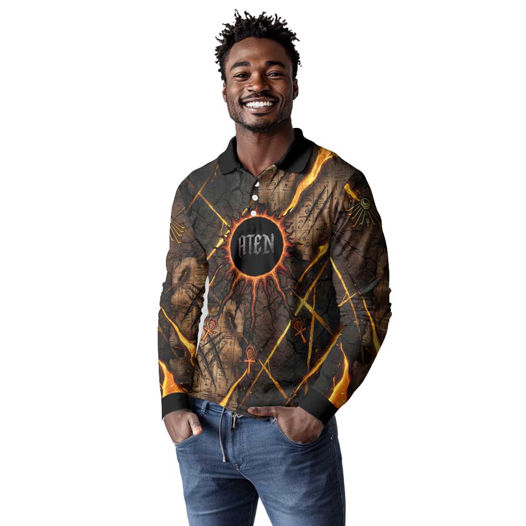 Aten Long Sleeve Polo Shirt Ancient Egyptian Cracked Stone Hieroglyph, Solar Eclipse Emblem, and Radiant Sunburst - Wonder Print Shop