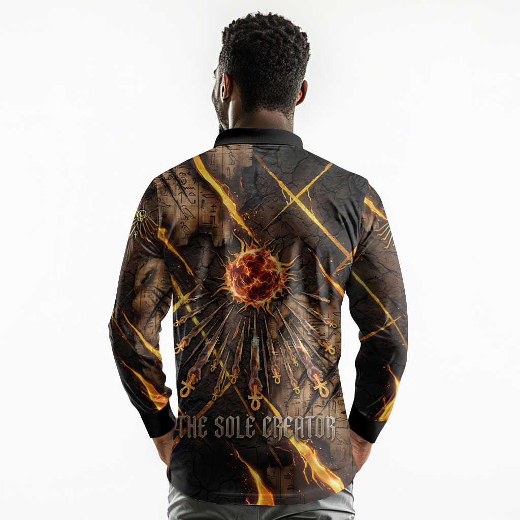 Aten Long Sleeve Polo Shirt Ancient Egyptian Cracked Stone Hieroglyph, Solar Eclipse Emblem, and Radiant Sunburst - Wonder Print Shop