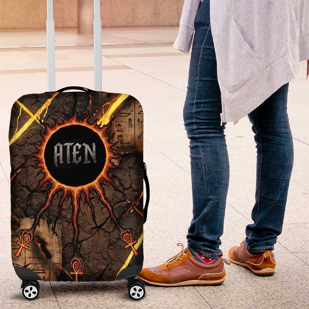 Aten Luggage Cover Ancient Egyptian Cracked Stone Hieroglyph, Solar Eclipse Emblem, and Radiant Sunburst - Wonder Print Shop