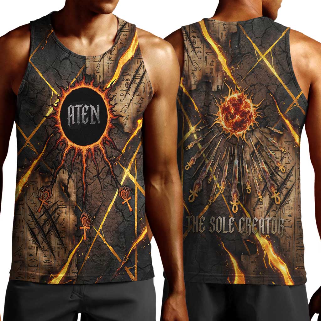 Aten Men Tank Top Ancient Egyptian Cracked Stone Hieroglyph, Solar Eclipse Emblem, and Radiant Sunburst - Wonder Print Shop