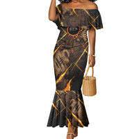 Aten Mermaid Dress Ancient Egyptian Cracked Stone Hieroglyph, Solar Eclipse Emblem, and Radiant Sunburst - Wonder Print Shop