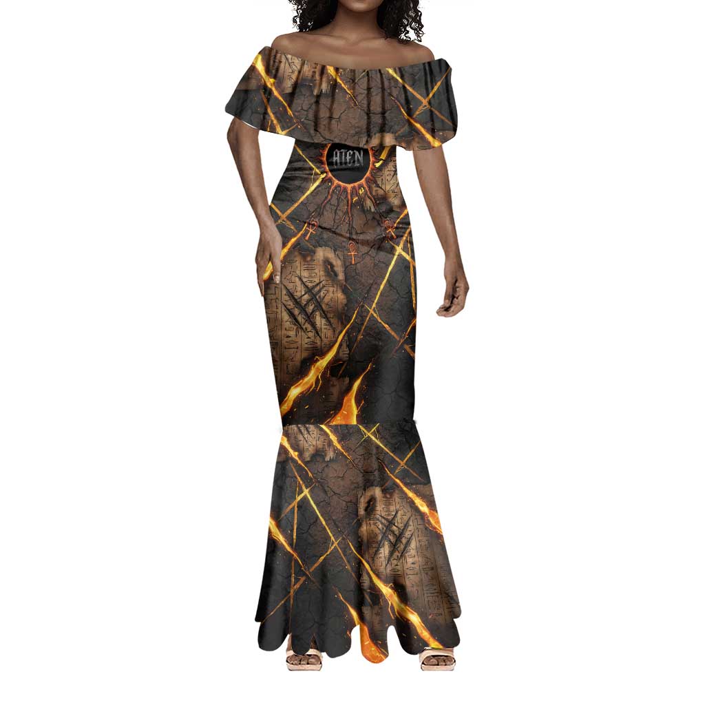 Aten Mermaid Dress Ancient Egyptian Cracked Stone Hieroglyph, Solar Eclipse Emblem, and Radiant Sunburst - Wonder Print Shop