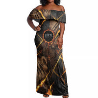 Aten Off Shoulder Maxi Dress Ancient Egyptian Cracked Stone Hieroglyph, Solar Eclipse Emblem, and Radiant Sunburst - Wonder Print Shop