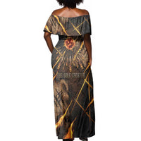 Aten Off Shoulder Maxi Dress Ancient Egyptian Cracked Stone Hieroglyph, Solar Eclipse Emblem, and Radiant Sunburst - Wonder Print Shop