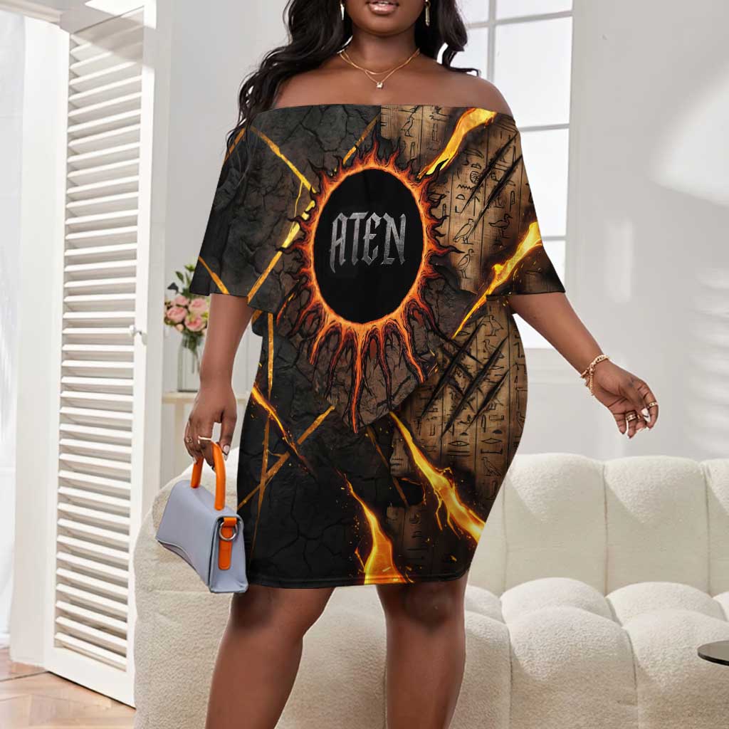 Aten Off Shoulder Short Dress Ancient Egyptian Cracked Stone Hieroglyph, Solar Eclipse Emblem, and Radiant Sunburst - Wonder Print Shop