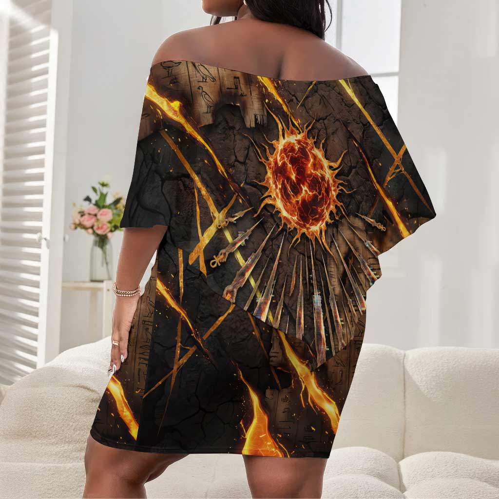 Aten Off Shoulder Short Dress Ancient Egyptian Cracked Stone Hieroglyph, Solar Eclipse Emblem, and Radiant Sunburst - Wonder Print Shop