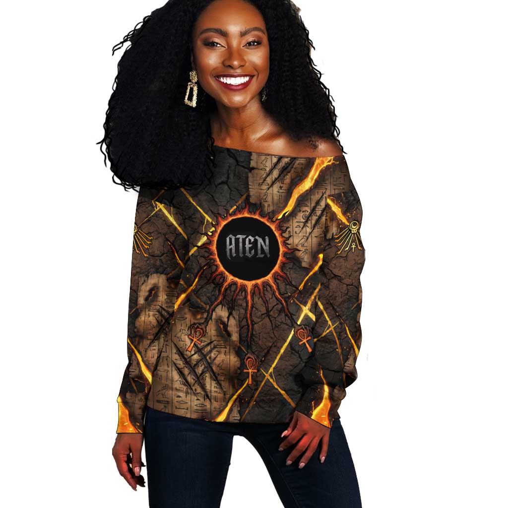 Aten Off Shoulder Sweater Ancient Egyptian Cracked Stone Hieroglyph, Solar Eclipse Emblem, and Radiant Sunburst - Wonder Print Shop