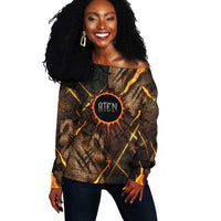 Aten Off Shoulder Sweater Ancient Egyptian Cracked Stone Hieroglyph, Solar Eclipse Emblem, and Radiant Sunburst - Wonder Print Shop