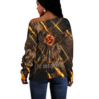 Aten Off Shoulder Sweater Ancient Egyptian Cracked Stone Hieroglyph, Solar Eclipse Emblem, and Radiant Sunburst - Wonder Print Shop