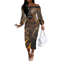 Aten Off The Shoulder Long Sleeve Dress Ancient Egyptian Cracked Stone Hieroglyph, Solar Eclipse Emblem, and Radiant Sunburst - Wonder Print Shop