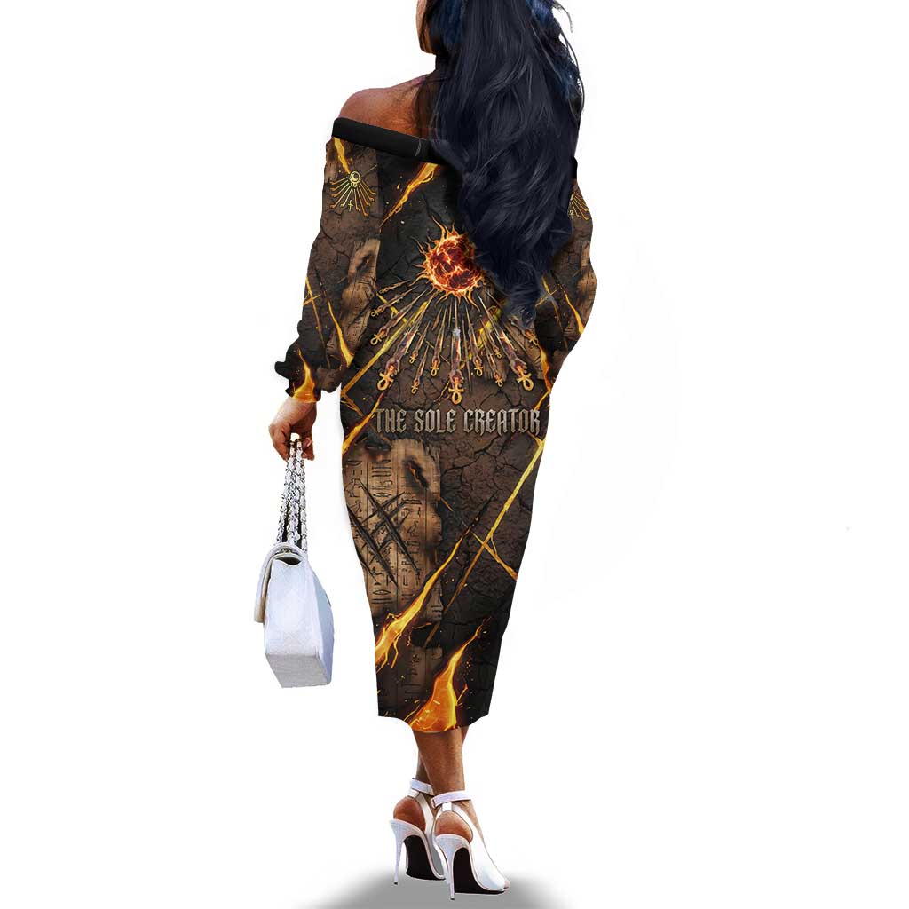 Aten Off The Shoulder Long Sleeve Dress Ancient Egyptian Cracked Stone Hieroglyph, Solar Eclipse Emblem, and Radiant Sunburst - Wonder Print Shop