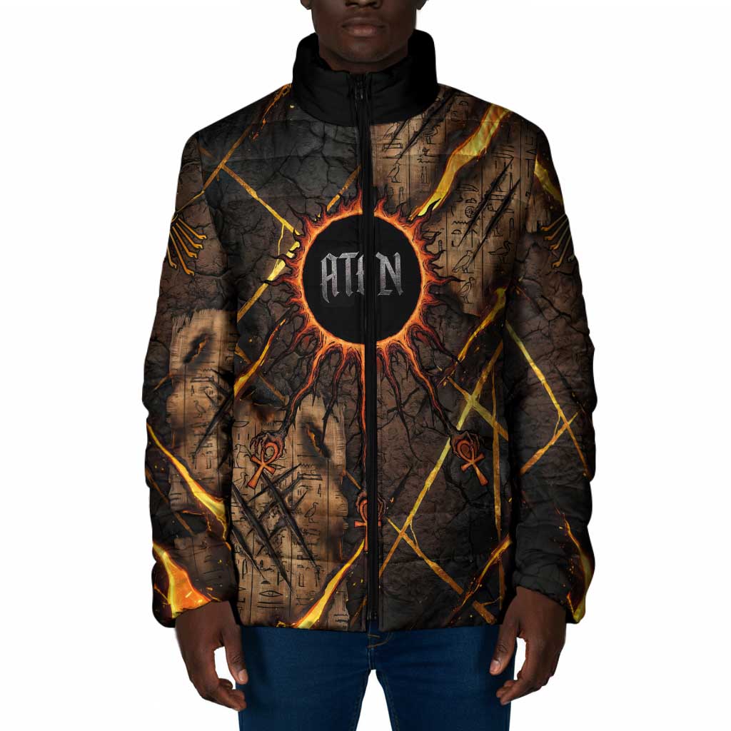 Aten Padded Jacket Ancient Egyptian Cracked Stone Hieroglyph, Solar Eclipse Emblem, and Radiant Sunburst - Wonder Print Shop