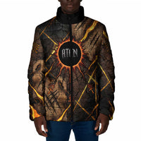 Aten Padded Jacket Ancient Egyptian Cracked Stone Hieroglyph, Solar Eclipse Emblem, and Radiant Sunburst - Wonder Print Shop