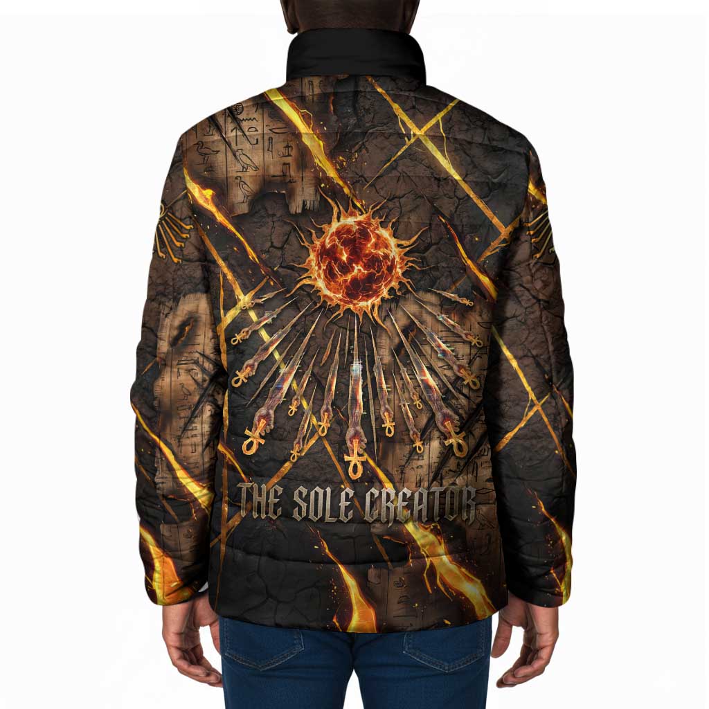 Aten Padded Jacket Ancient Egyptian Cracked Stone Hieroglyph, Solar Eclipse Emblem, and Radiant Sunburst - Wonder Print Shop