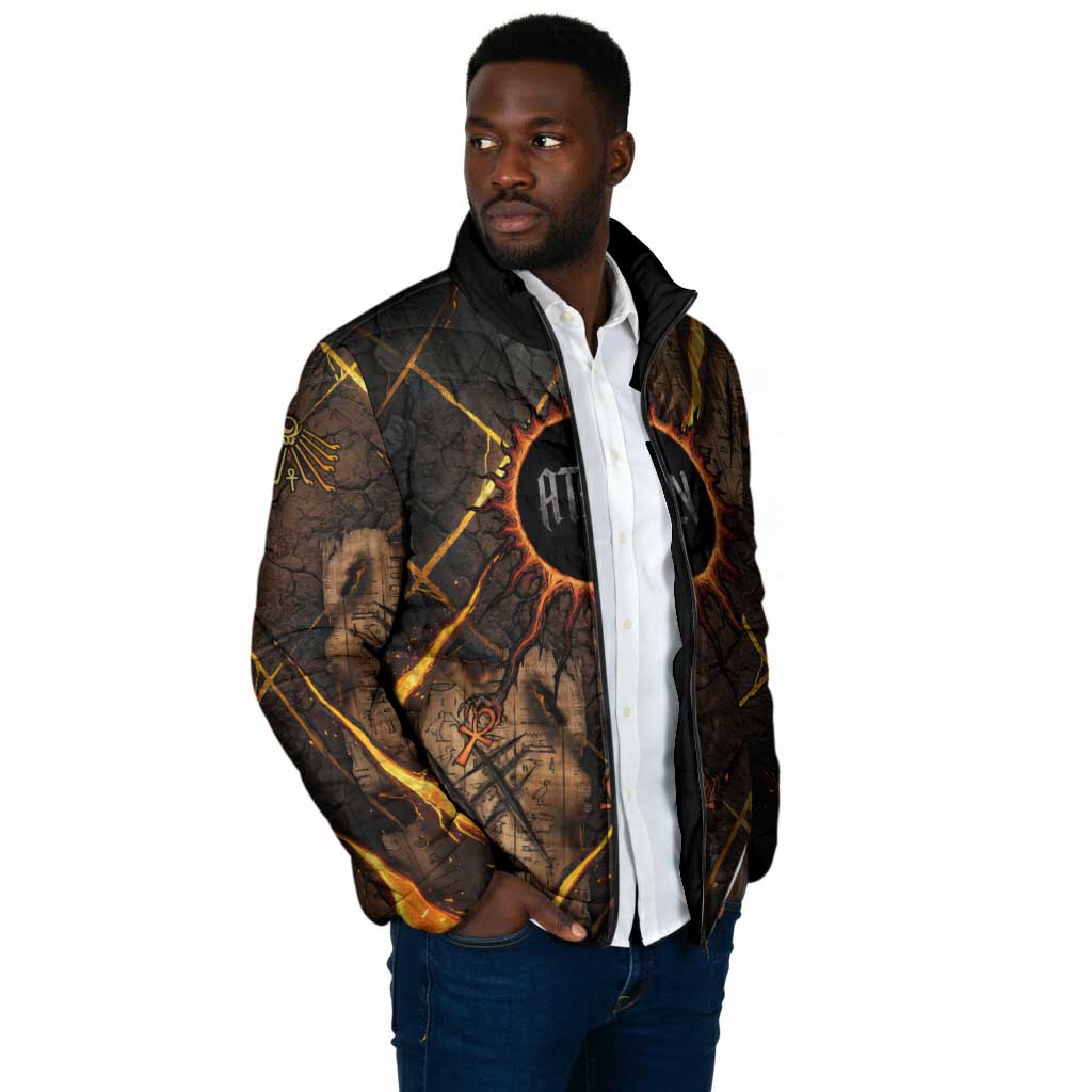 Aten Padded Jacket Ancient Egyptian Cracked Stone Hieroglyph, Solar Eclipse Emblem, and Radiant Sunburst - Wonder Print Shop