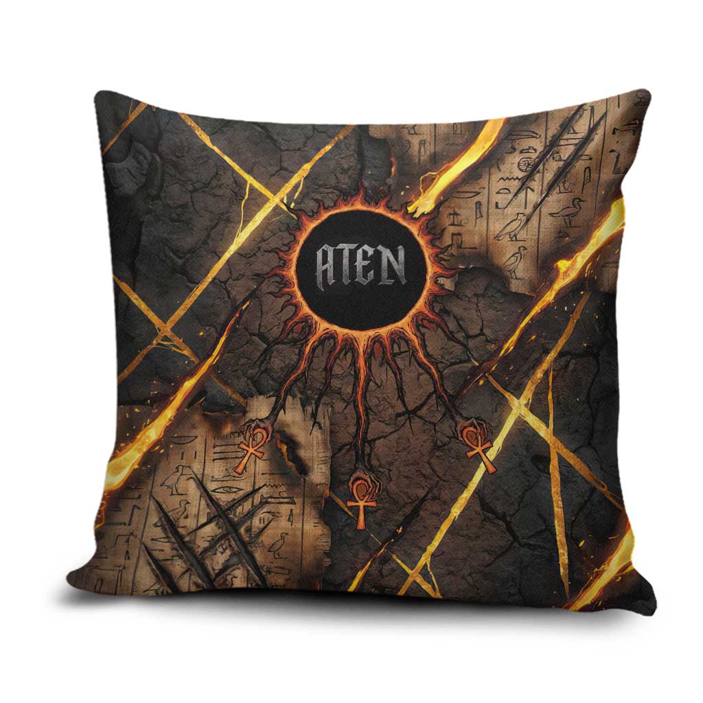 Aten Pillow Cover Ancient Egyptian Cracked Stone Hieroglyph, Solar Eclipse Emblem, and Radiant Sunburst - Wonder Print Shop