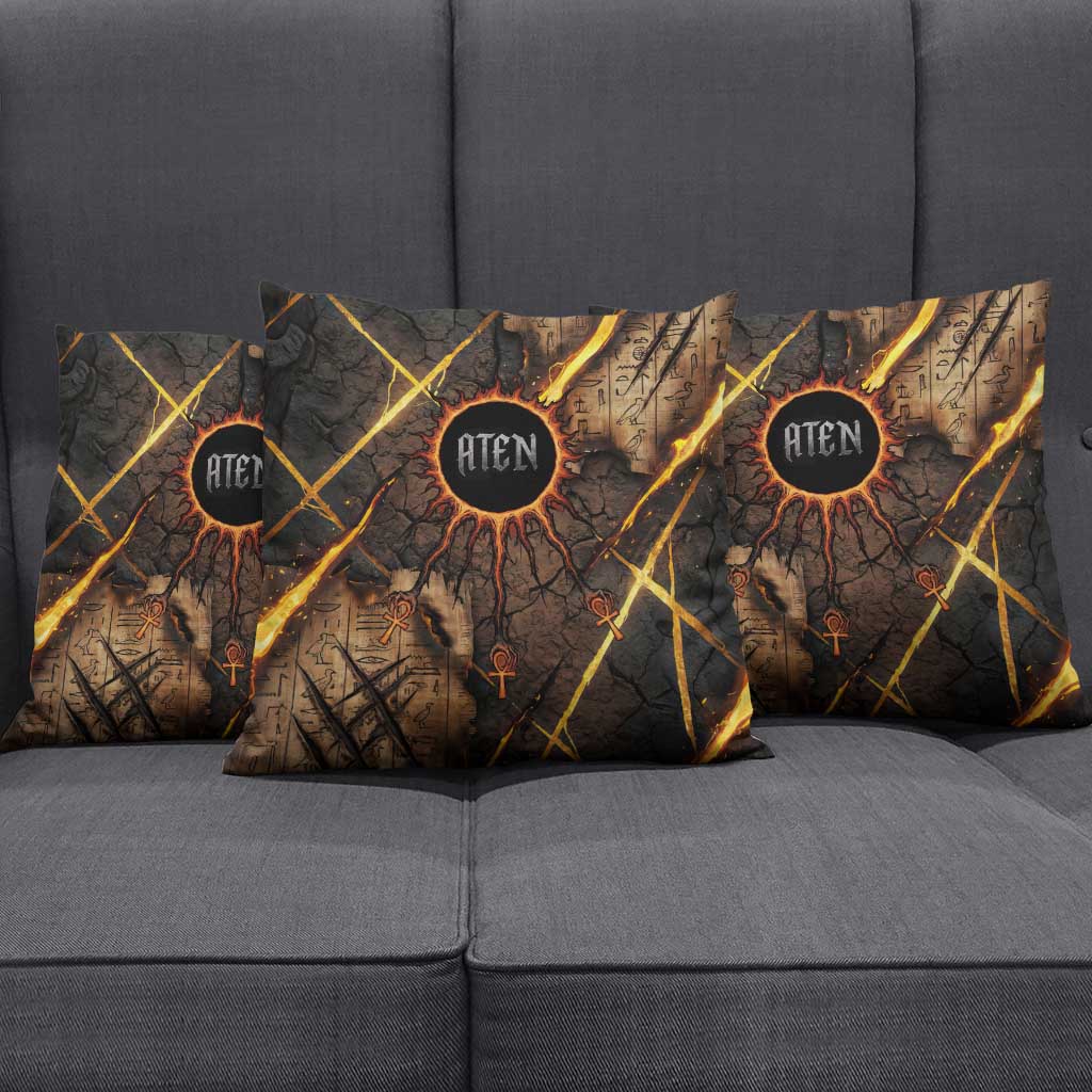 Aten Pillow Cover Ancient Egyptian Cracked Stone Hieroglyph, Solar Eclipse Emblem, and Radiant Sunburst - Wonder Print Shop