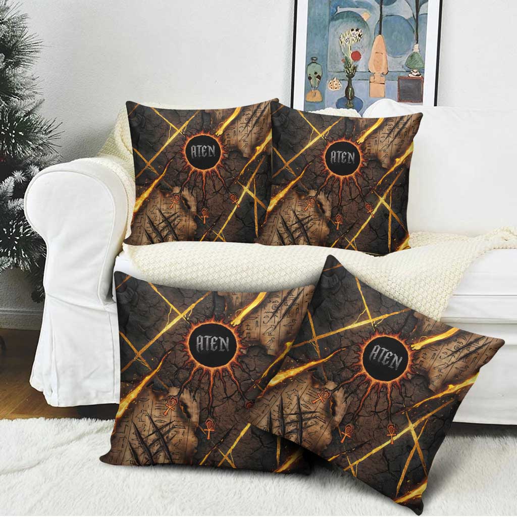 Aten Pillow Cover Ancient Egyptian Cracked Stone Hieroglyph, Solar Eclipse Emblem, and Radiant Sunburst - Wonder Print Shop