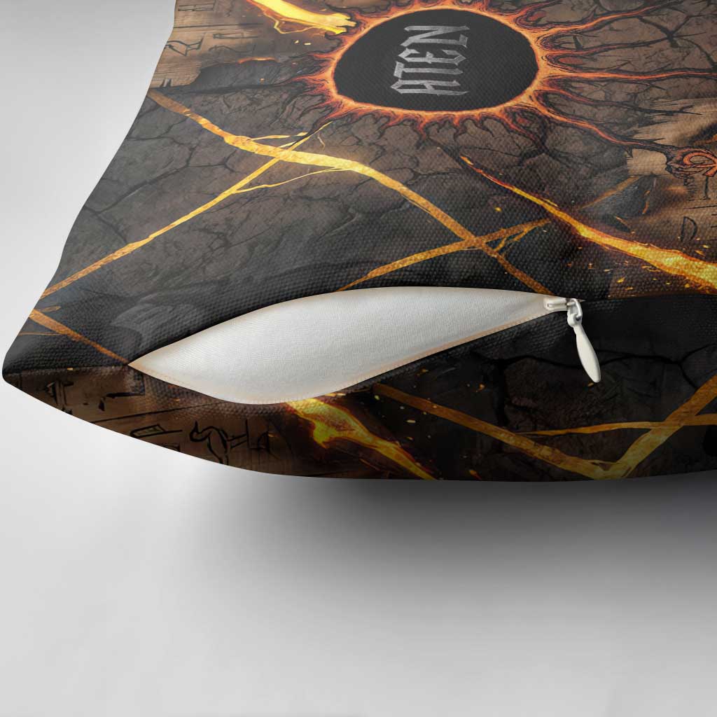 Aten Pillow Cover Ancient Egyptian Cracked Stone Hieroglyph, Solar Eclipse Emblem, and Radiant Sunburst - Wonder Print Shop
