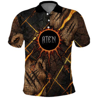 Aten Polo Shirt Ancient Egyptian Cracked Stone Hieroglyph, Solar Eclipse Emblem, and Radiant Sunburst - Wonder Print Shop