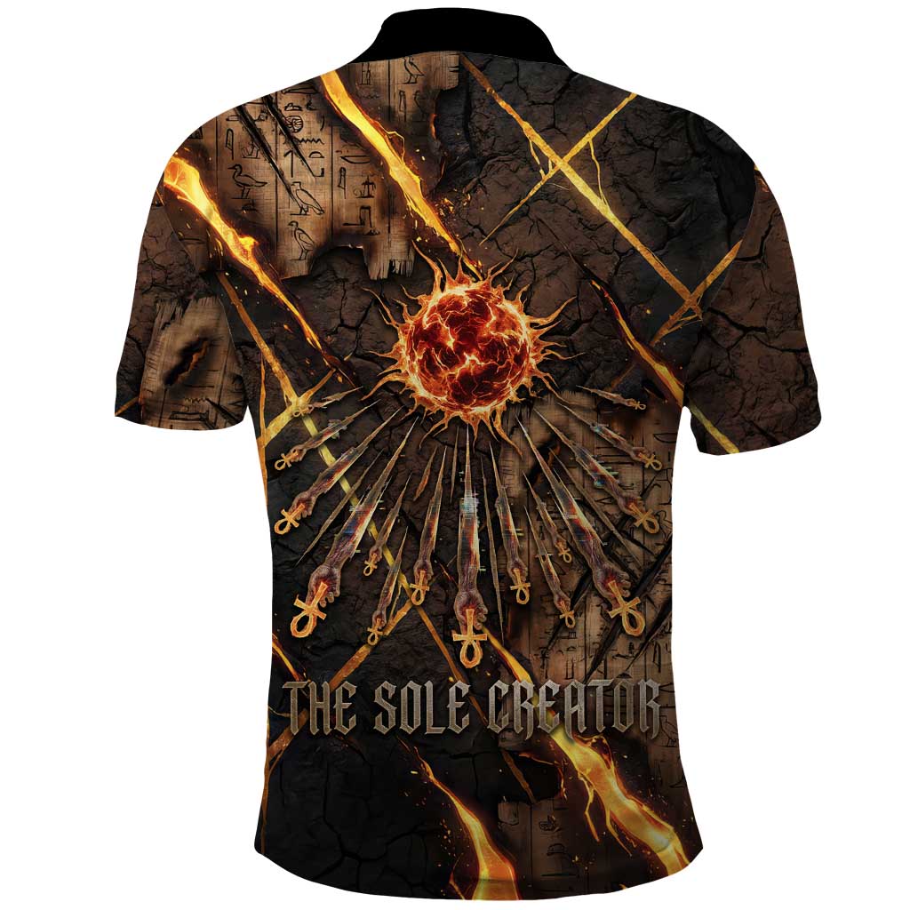 Aten Polo Shirt Ancient Egyptian Cracked Stone Hieroglyph, Solar Eclipse Emblem, and Radiant Sunburst - Wonder Print Shop