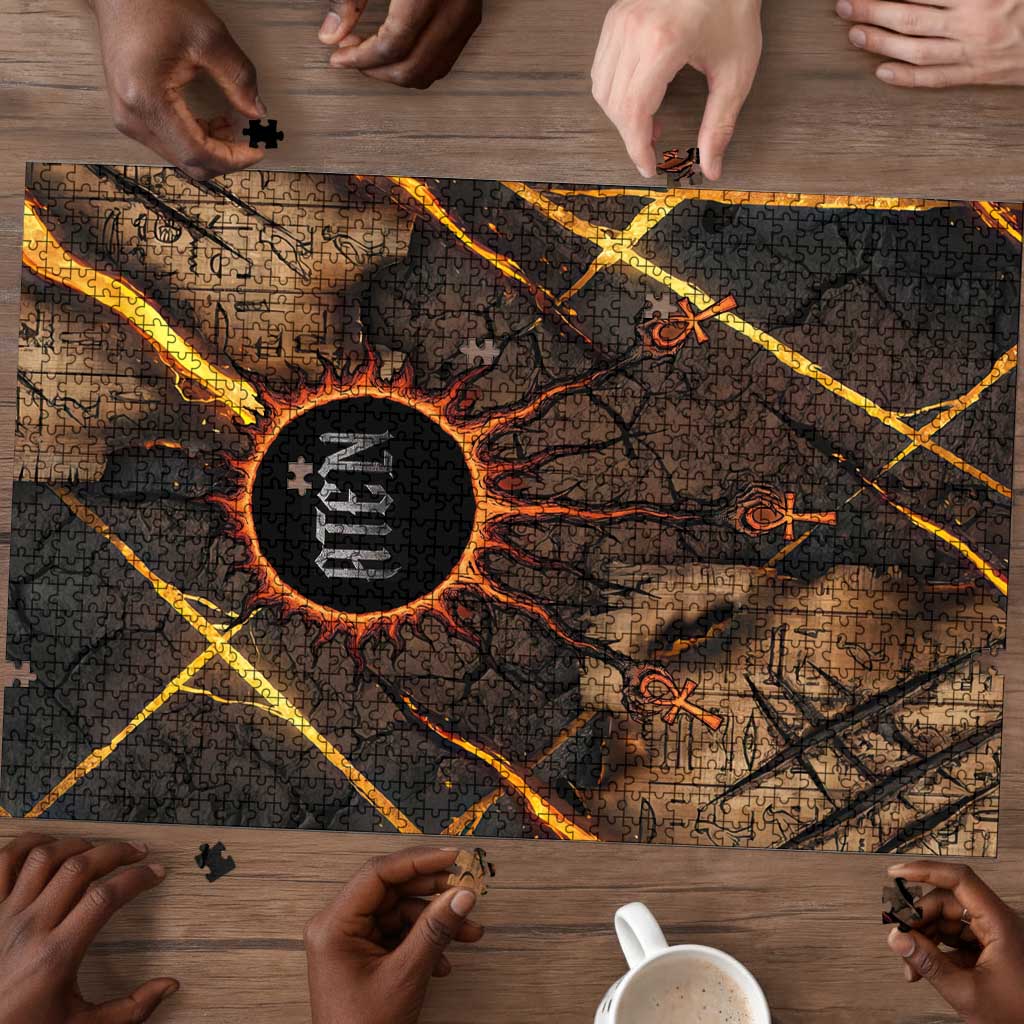 Aten Puzzle Ancient Egyptian Cracked Stone Hieroglyph, Solar Eclipse Emblem, and Radiant Sunburst - Wonder Print Shop