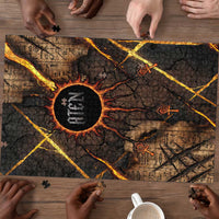Aten Puzzle Ancient Egyptian Cracked Stone Hieroglyph, Solar Eclipse Emblem, and Radiant Sunburst - Wonder Print Shop