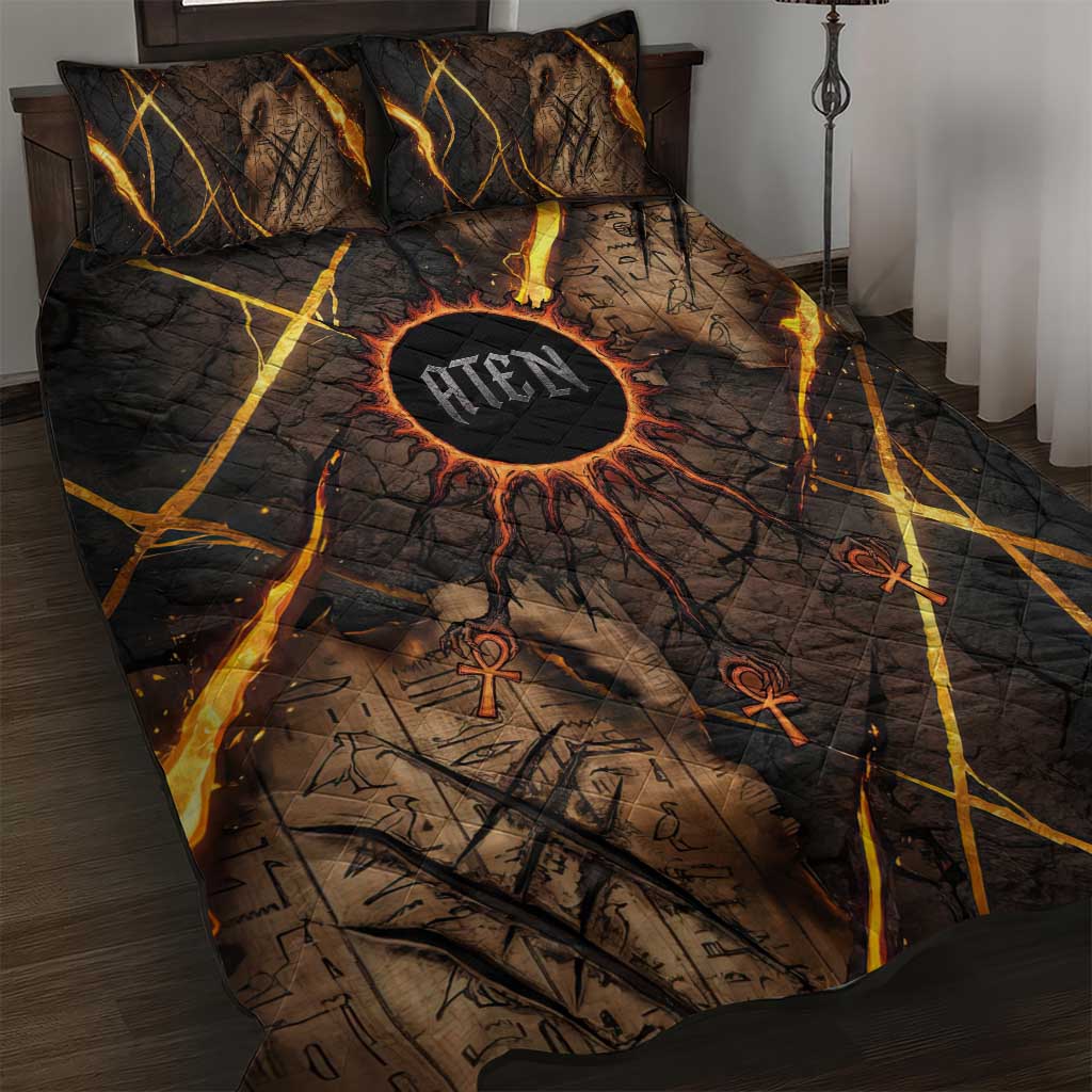 Aten Quilt Bed Set Ancient Egyptian Cracked Stone Hieroglyph, Solar Eclipse Emblem, and Radiant Sunburst - Wonder Print Shop