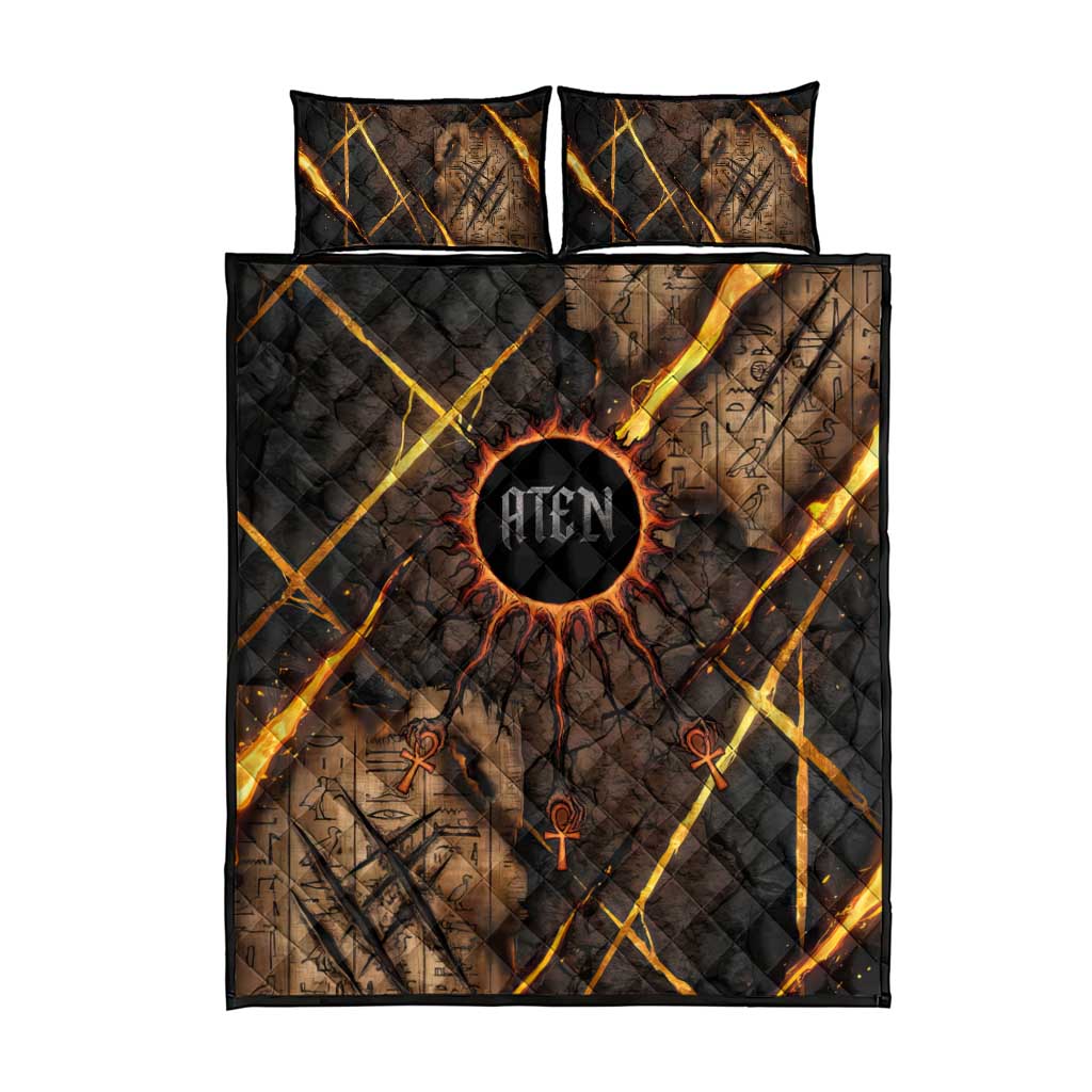 Aten Quilt Bed Set Ancient Egyptian Cracked Stone Hieroglyph, Solar Eclipse Emblem, and Radiant Sunburst - Wonder Print Shop