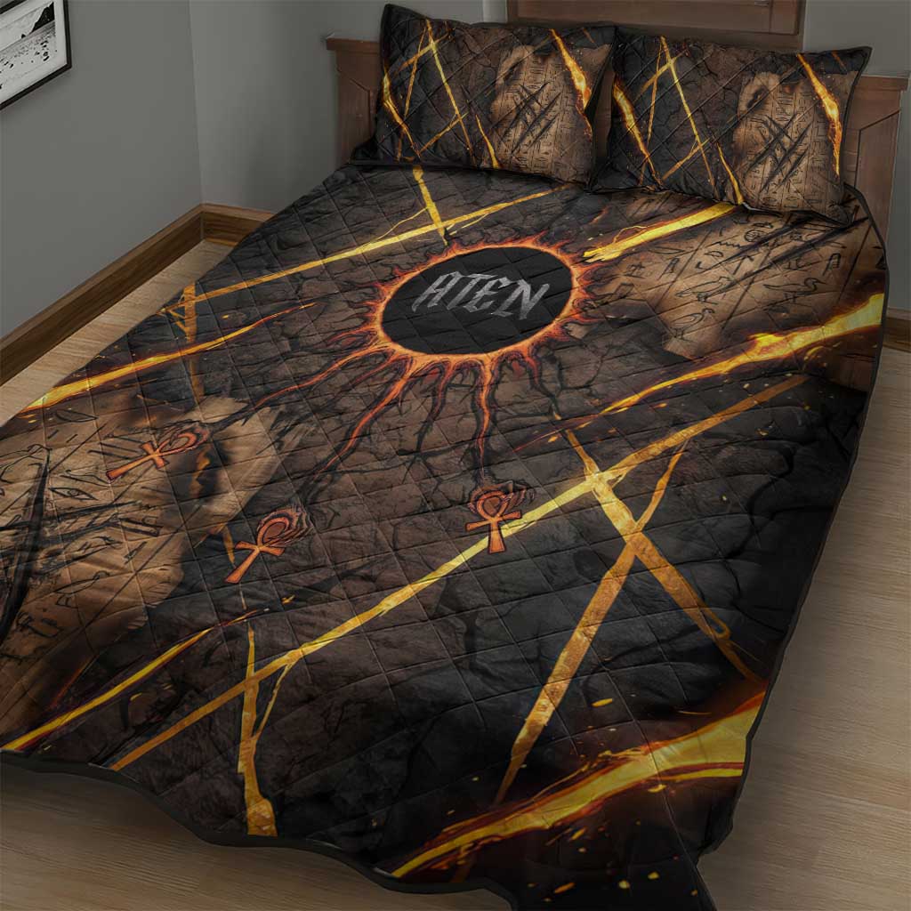 Aten Quilt Bed Set Ancient Egyptian Cracked Stone Hieroglyph, Solar Eclipse Emblem, and Radiant Sunburst - Wonder Print Shop