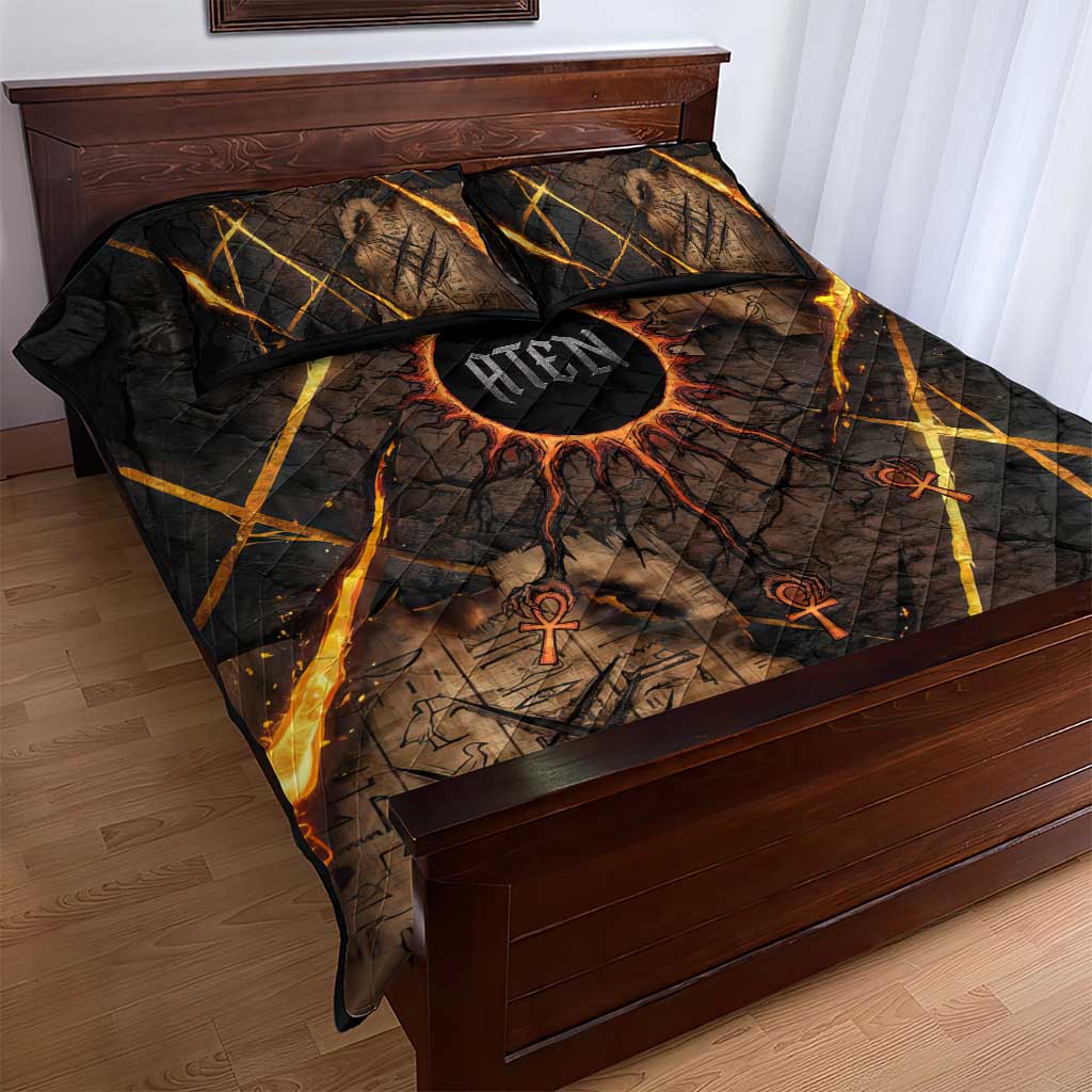 Aten Quilt Bed Set Ancient Egyptian Cracked Stone Hieroglyph, Solar Eclipse Emblem, and Radiant Sunburst - Wonder Print Shop