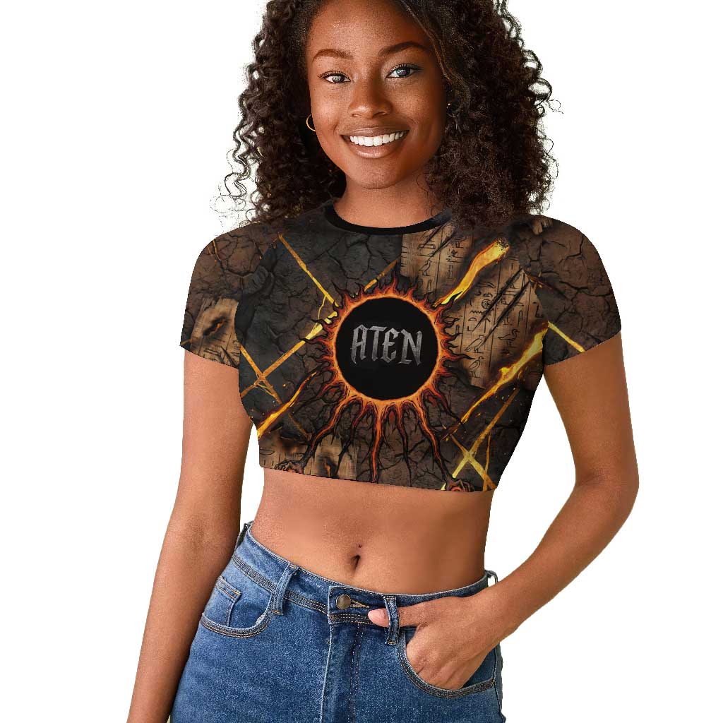 Aten Raglan Cropped T shirt Ancient Egyptian Cracked Stone Hieroglyph, Solar Eclipse Emblem, and Radiant Sunburst - Wonder Print Shop