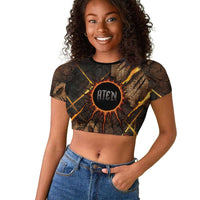 Aten Raglan Cropped T shirt Ancient Egyptian Cracked Stone Hieroglyph, Solar Eclipse Emblem, and Radiant Sunburst - Wonder Print Shop