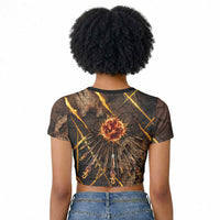 Aten Raglan Cropped T shirt Ancient Egyptian Cracked Stone Hieroglyph, Solar Eclipse Emblem, and Radiant Sunburst - Wonder Print Shop