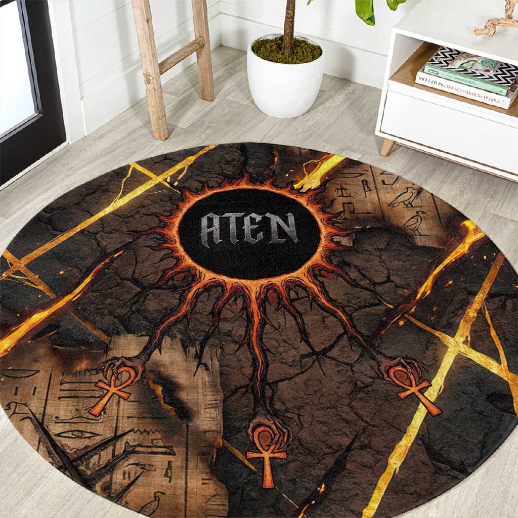 Aten Round Carpet Ancient Egyptian Cracked Stone Hieroglyph, Solar Eclipse Emblem, and Radiant Sunburst - Wonder Print Shop