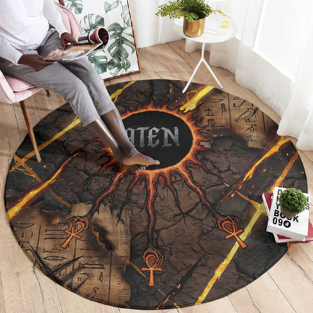 Aten Round Carpet Ancient Egyptian Cracked Stone Hieroglyph, Solar Eclipse Emblem, and Radiant Sunburst - Wonder Print Shop